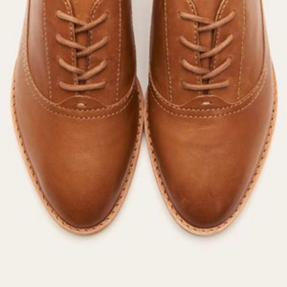 $328 Frye Grace Oxford Cognac Brown Real Leather Lace Up Casual Comfy Daily Flat - Picture 3 of 16